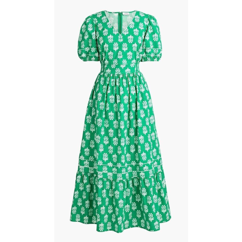New! J. Crew Factory Block-Print Puff-Sleeve Midi Tiered Dress Emerald Sz 2